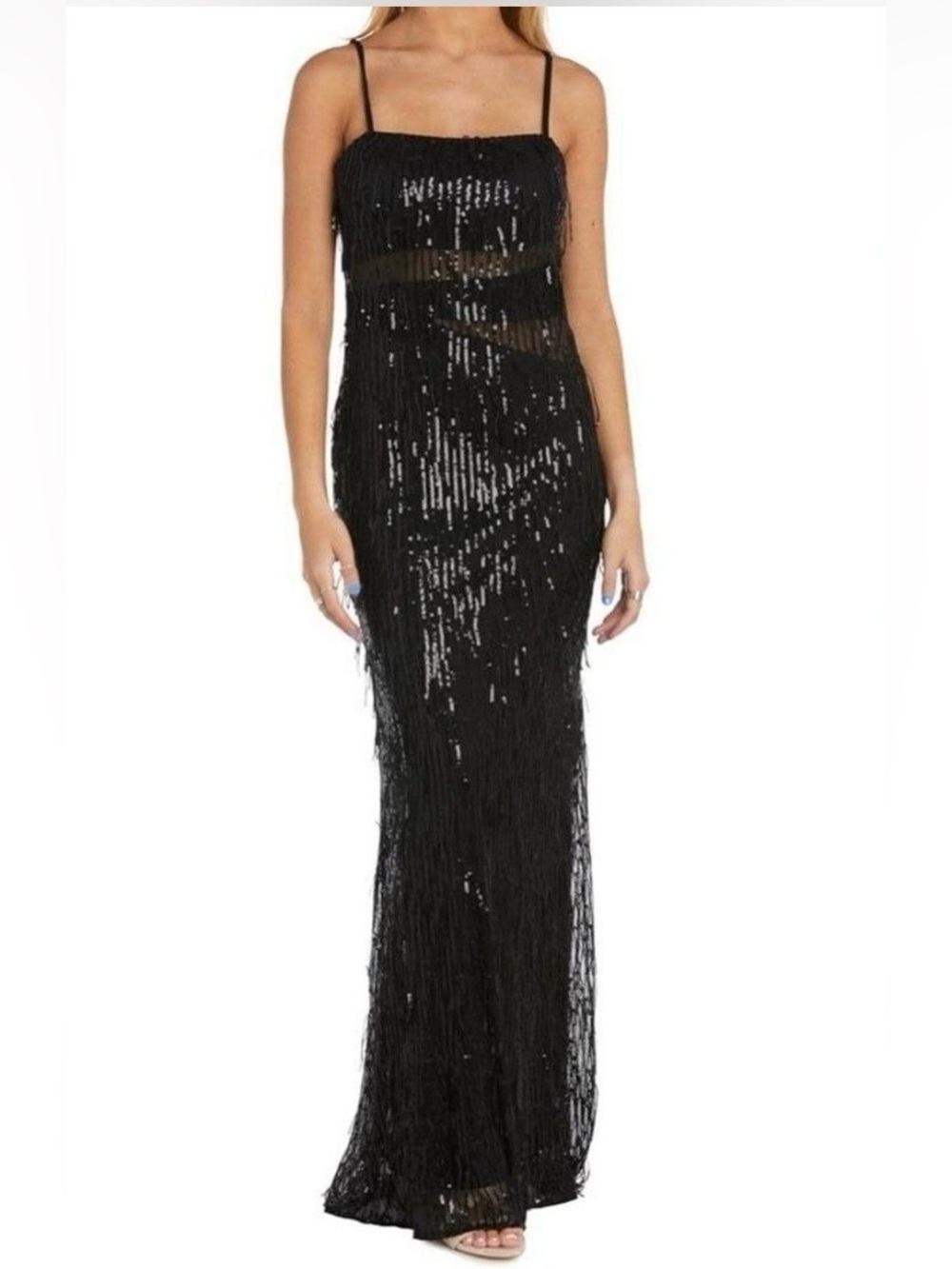 Morgan & Co. Junior’s Black Sequin Fringe Maxi Dress with Spaghetti Straps